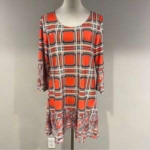 Orange Plaid & Paisley Scoop Neck long sleeve mini dress‎ size medium